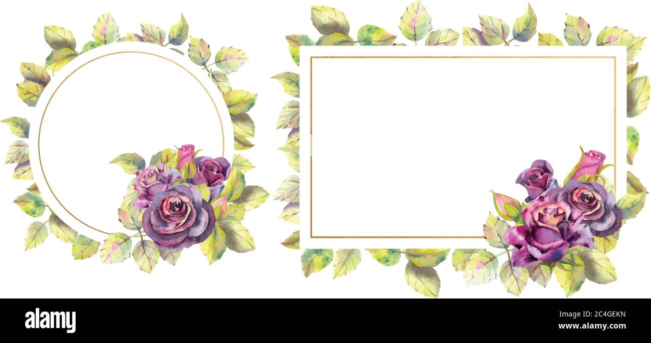 2 Gold geometric frame with flowers of roses dark color.Compositions ...