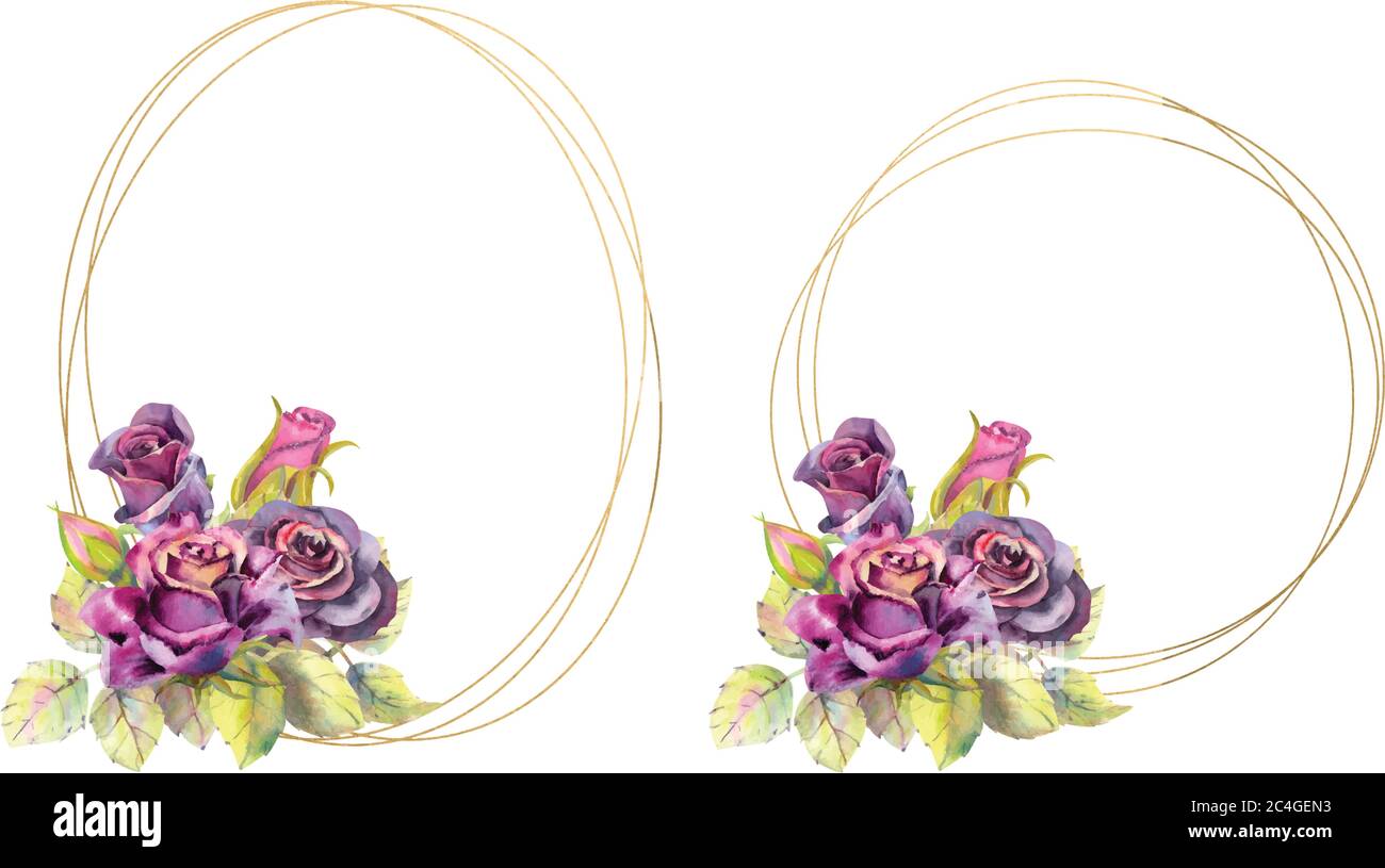 2 Gold geometric frame with flowers of roses dark color. Compositions ...