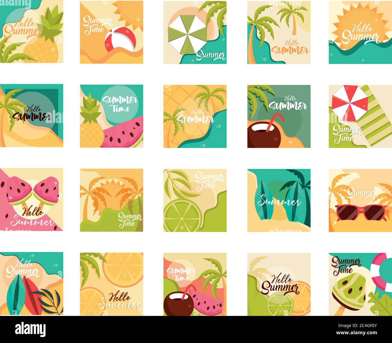 hello summer travel and vacation season banner icons set vector ...