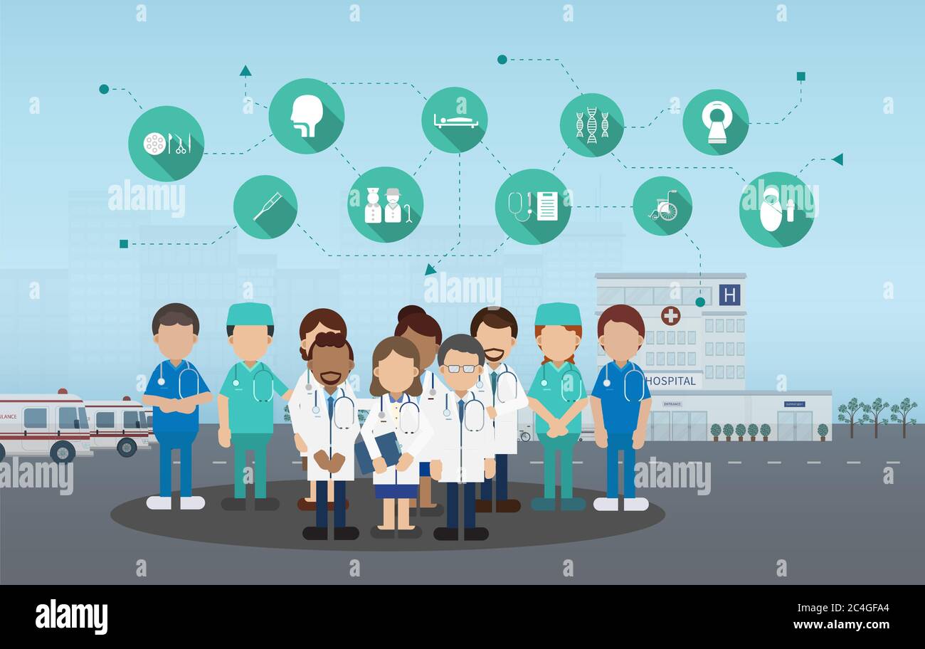 Medical service concept with medical staffs and icons flat design ...