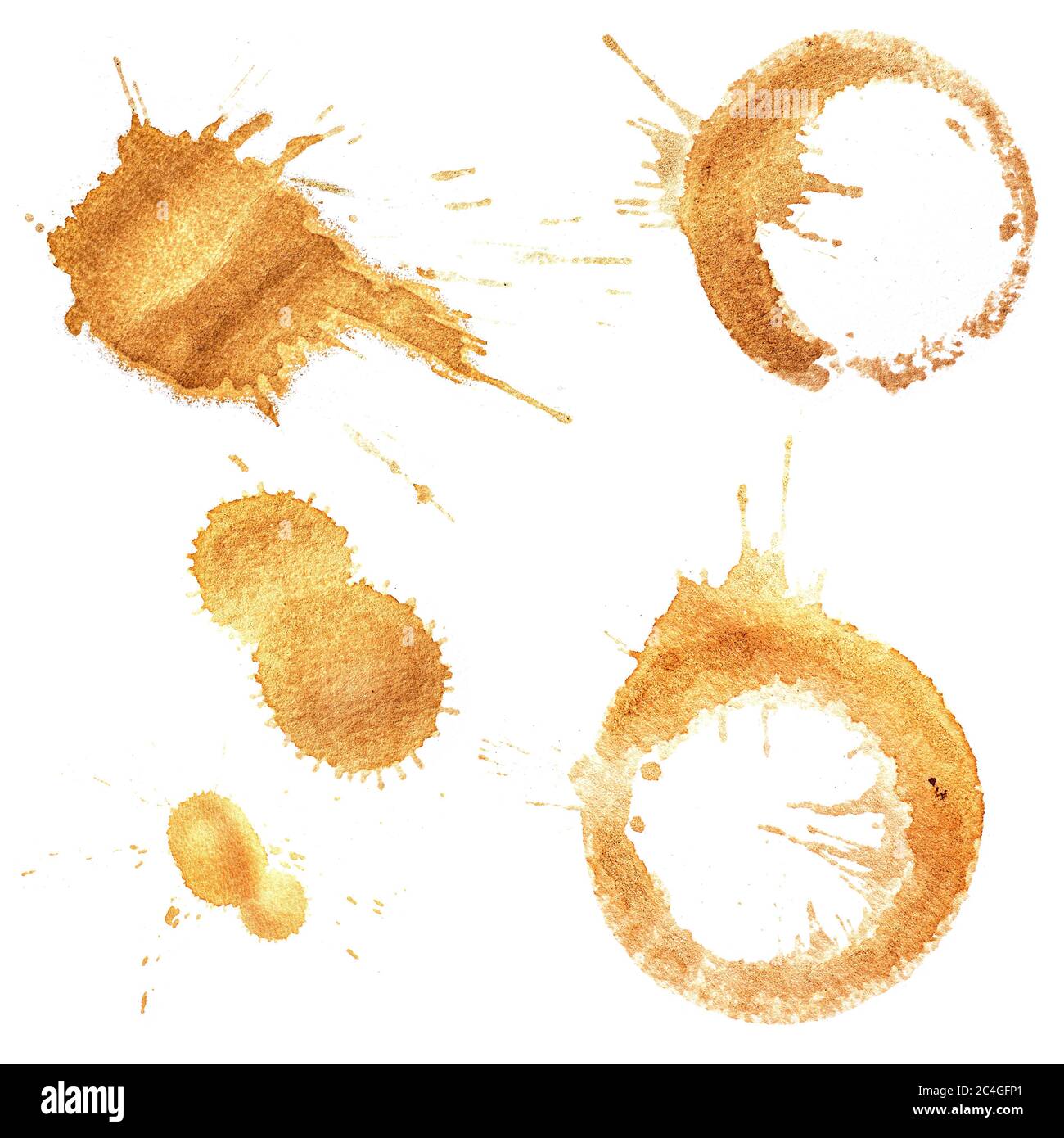 Coffee stains and splatters design pack on white background Stock Photo