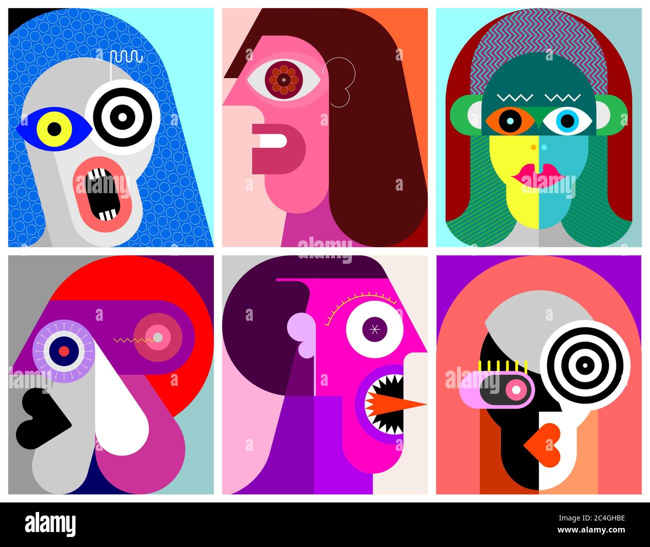 Six Portraits modern art vector illustration. Composition of six different abstract images of human face. Stock Vector