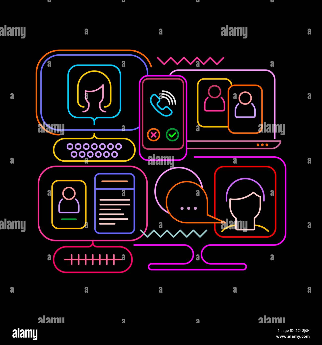 Neon colors isolated on a black background Online Chatting vector illustration. Computer monitors and smartphone screens with chat messages, video con Stock Vector
