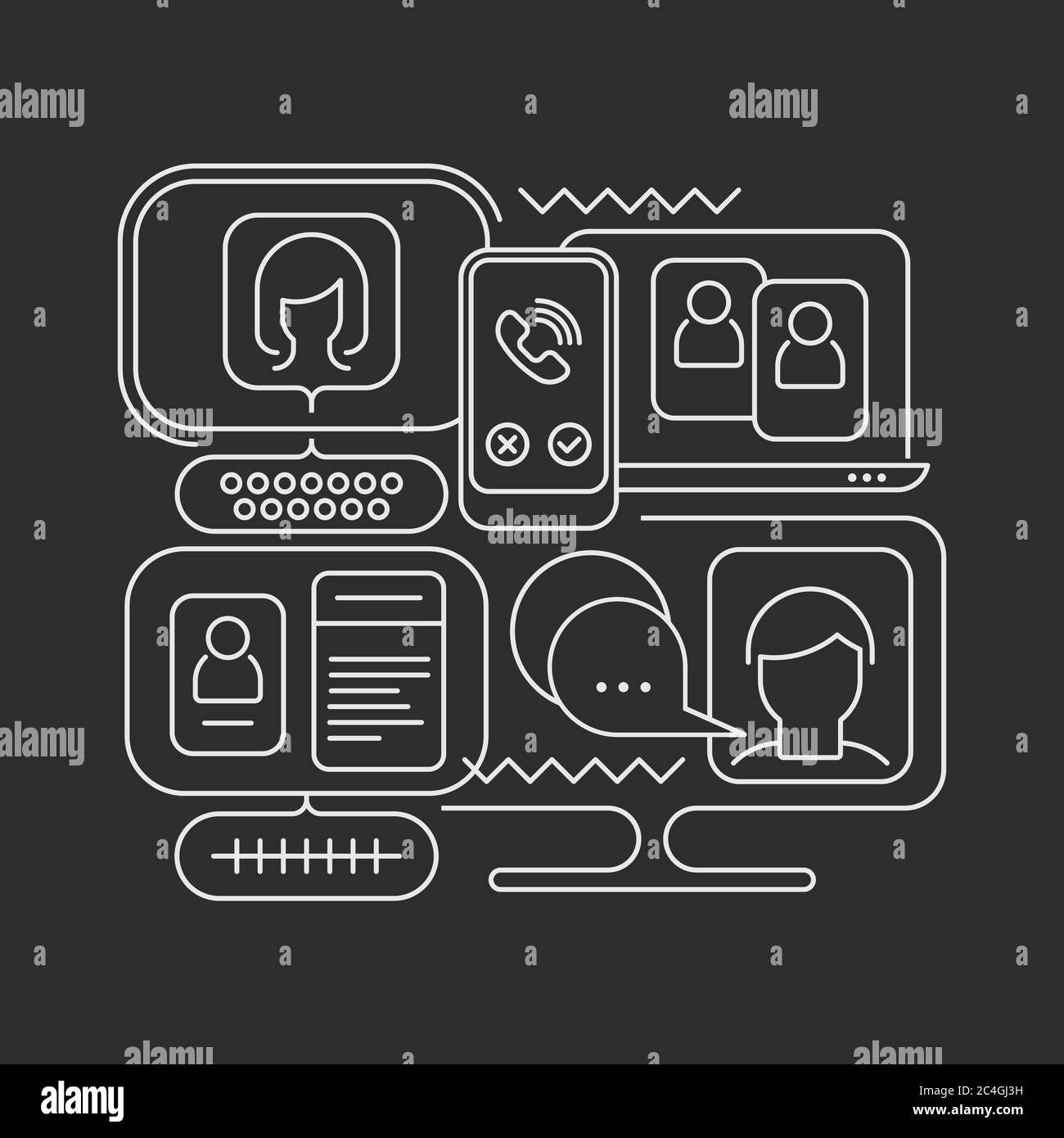 White line art isolated on a dark grey background Online Chatting vector illustration. Computer monitors and smartphone screens with chat messages, vi Stock Vector