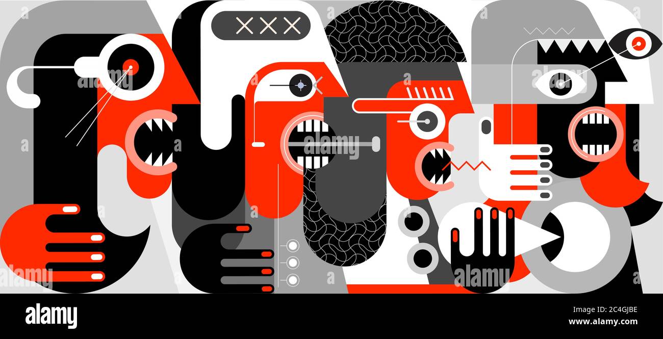 A group of angry people screaming and swearing with someone. A modern art red, black and grey vector illustration. Stock Vector