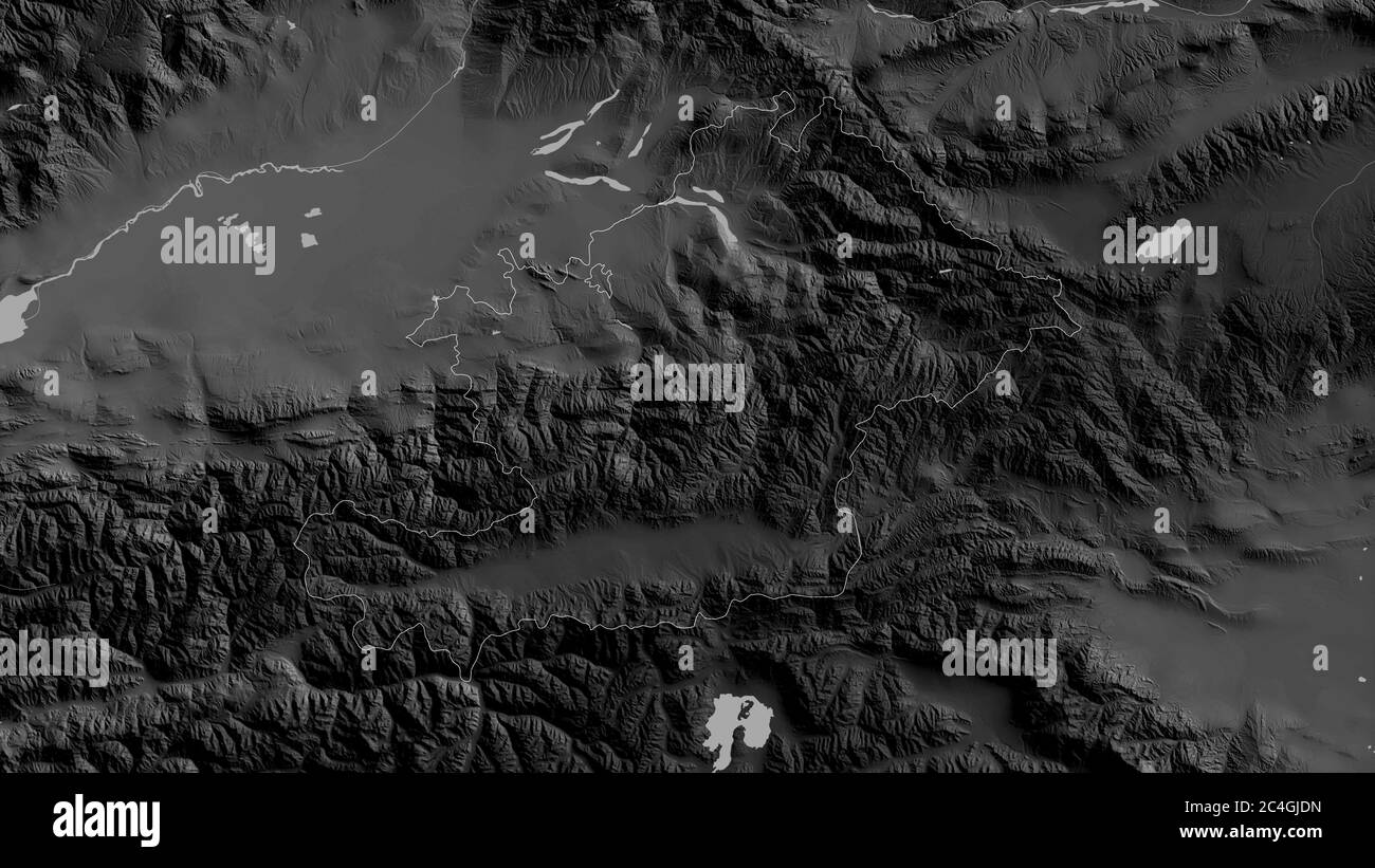 Osh, province of Kyrgyzstan. Grayscaled map with lakes and rivers ...
