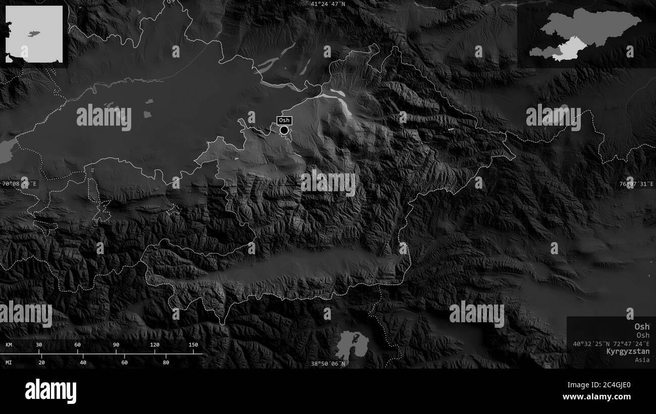 Osh, province of Kyrgyzstan. Grayscaled map with lakes and rivers ...
