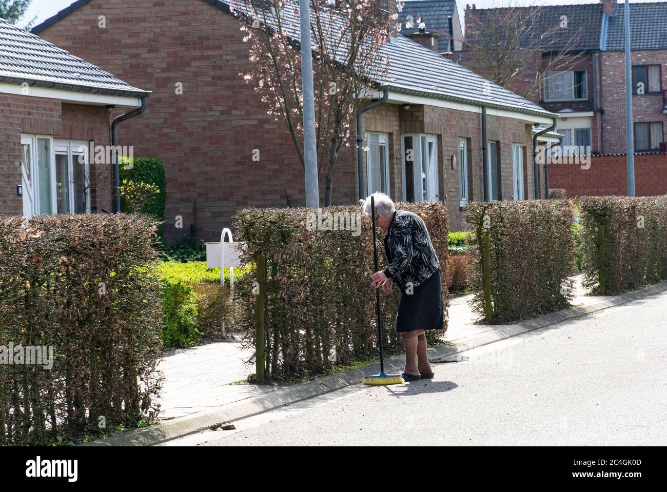 Sint Gillis Waas, Belgium, March 18, 2020, Old woman sweeps her sidewalk with a broom Stock Photo
