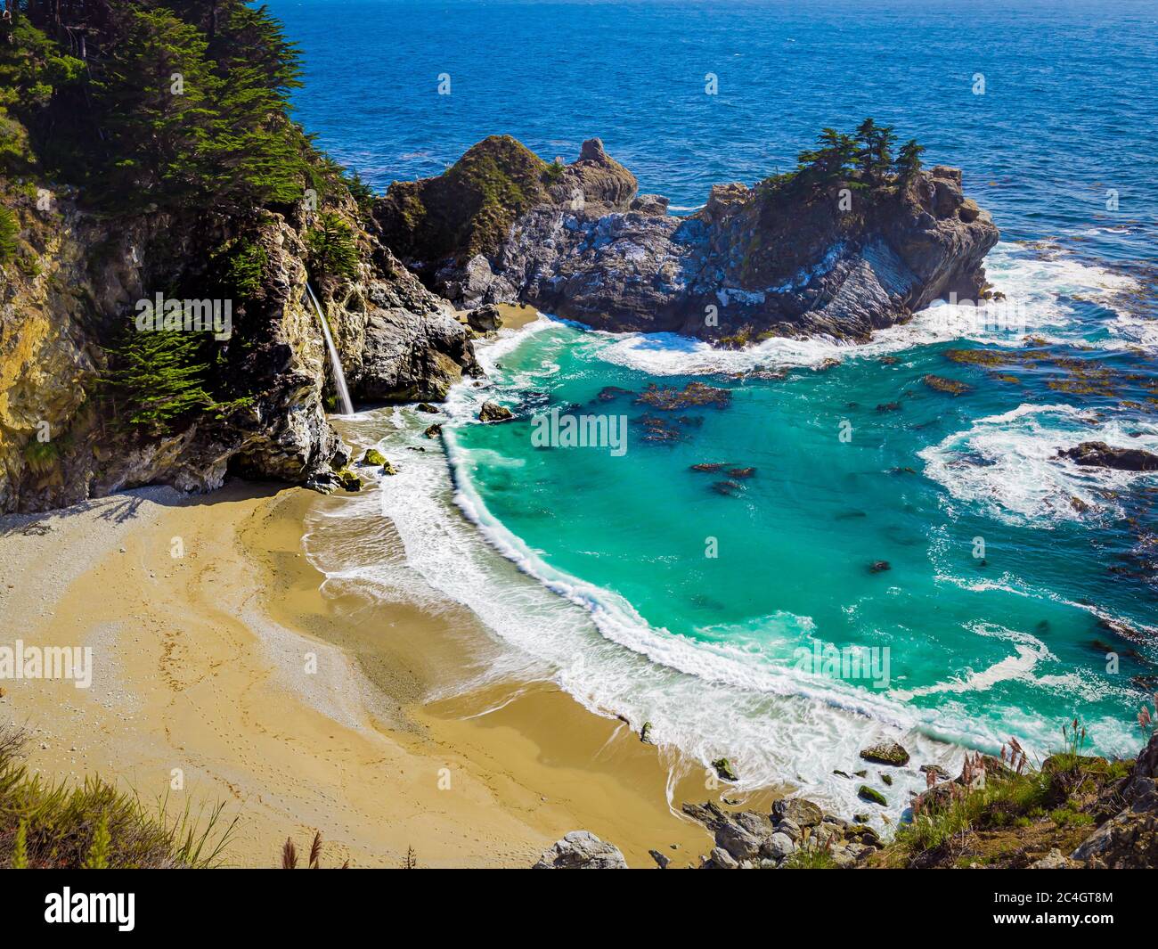 Aerial view of Water Fall McWay Falls Julia Pfeiffer Burns Big Sur California Stock Photo