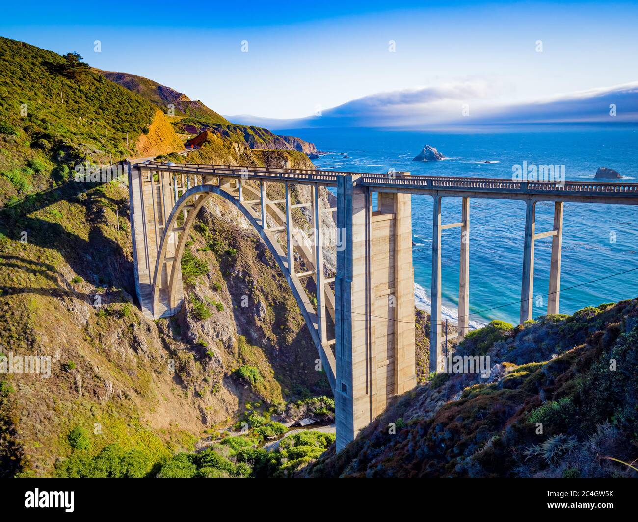 Bixby Creek Bridge, Highway 1, and Big Sur coast of California California Stock Photo