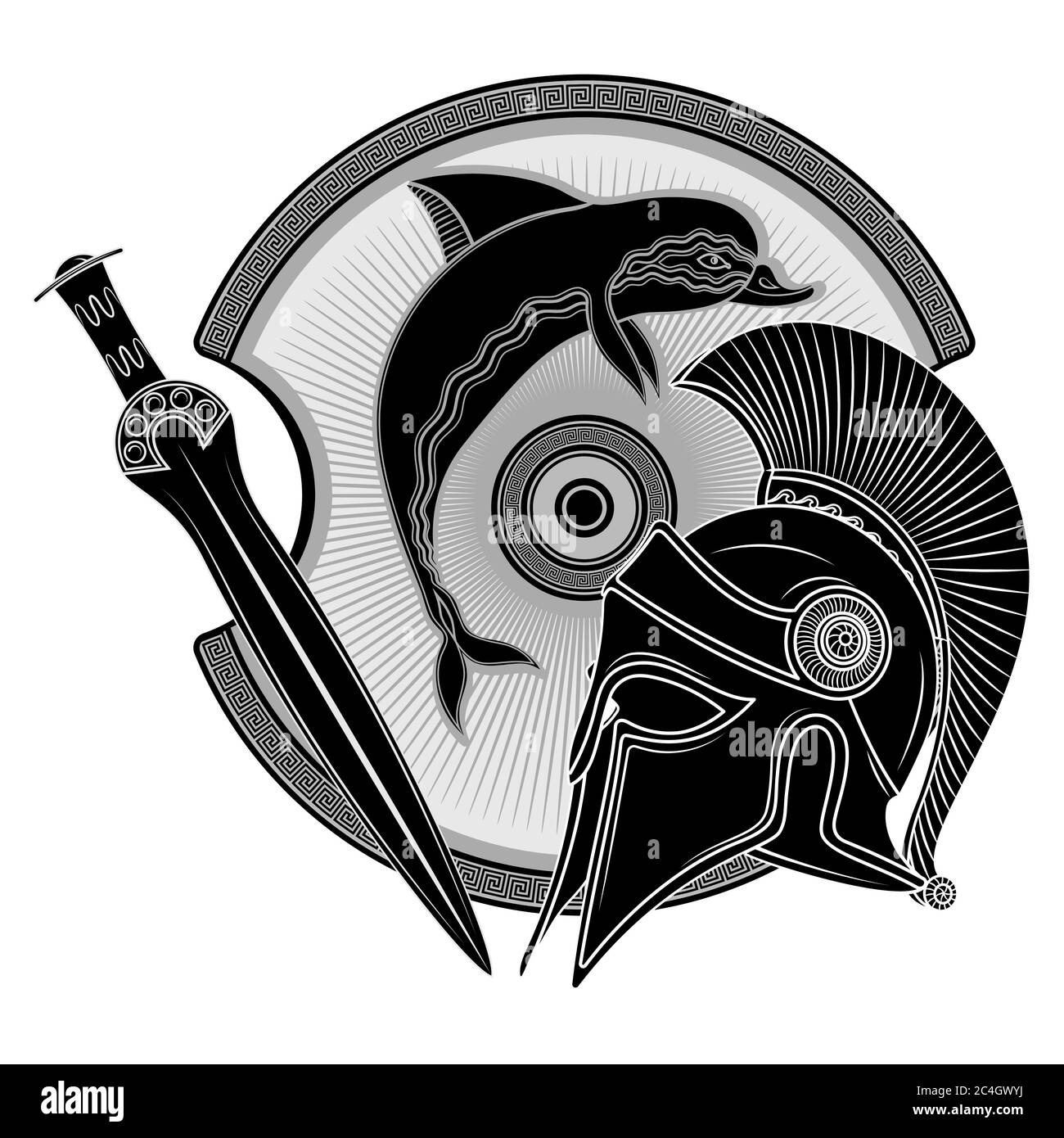 Ancient Hellenic helmet, ancient greek shield, the image of a Dolphin and greek ornament meander Stock Vector