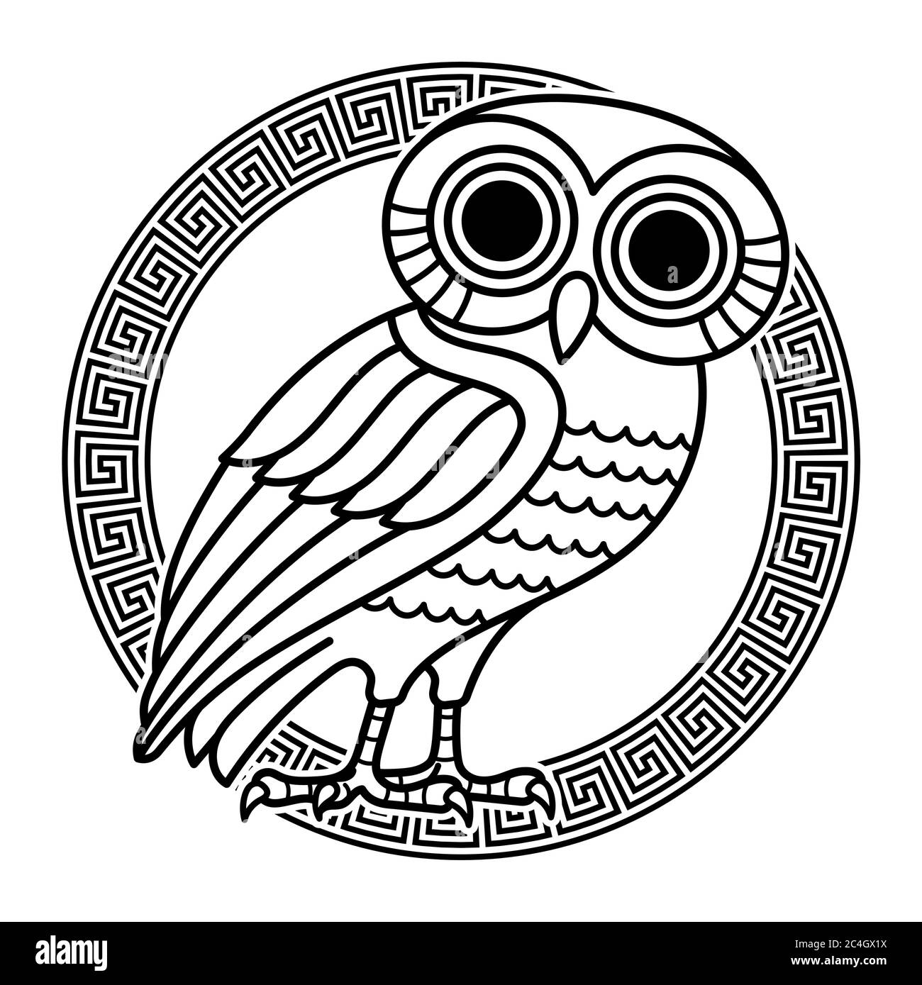 Greek ancient coin from Athens, vintage illustration. Old engraved illustration of an owl and greek ornament meander Stock Vector