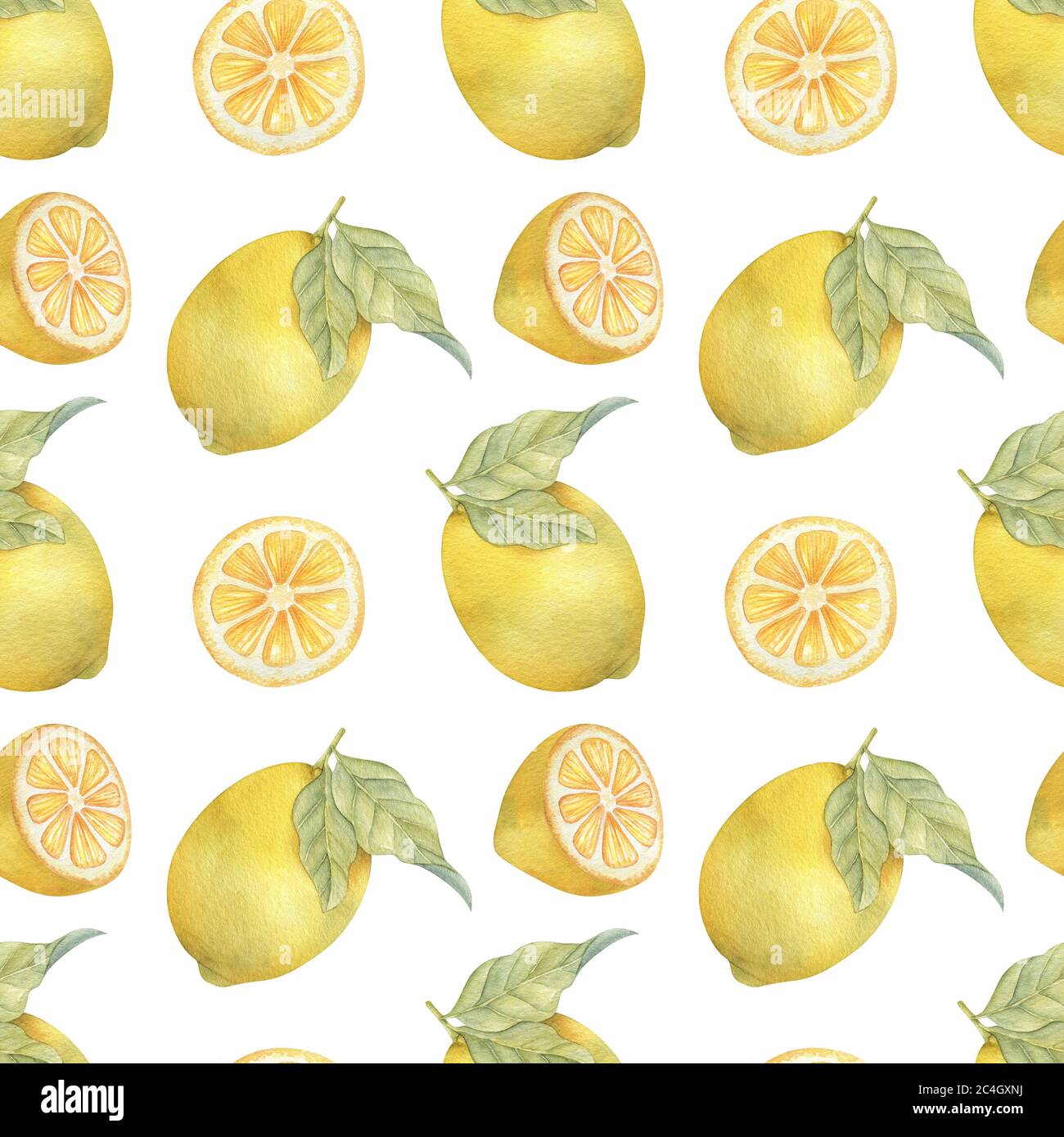 Watercolor seamless pattern with lemons and leaves on the light ...