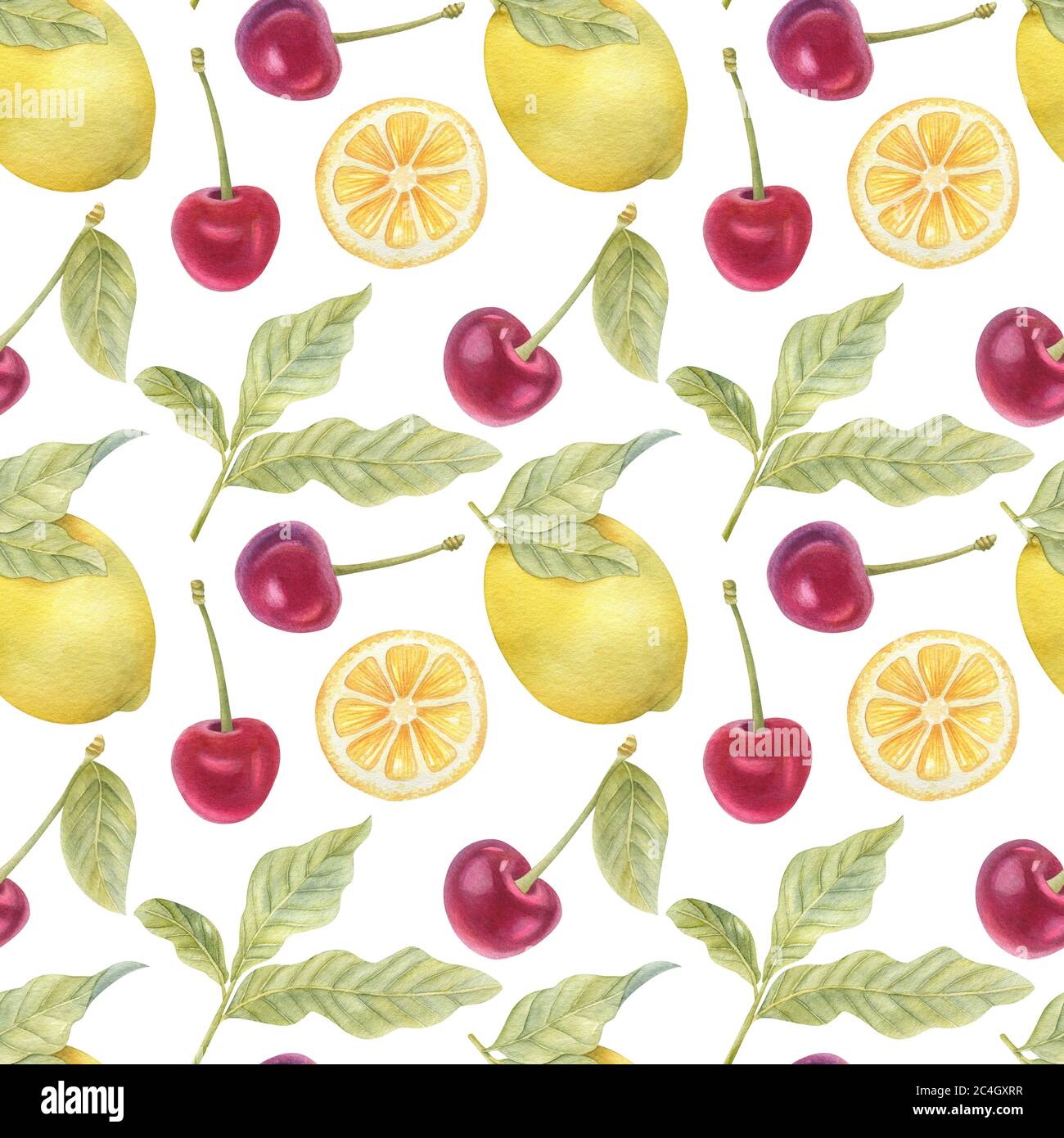 Watercolor seamless pattern with lemons, cherries, and leaves on the ...