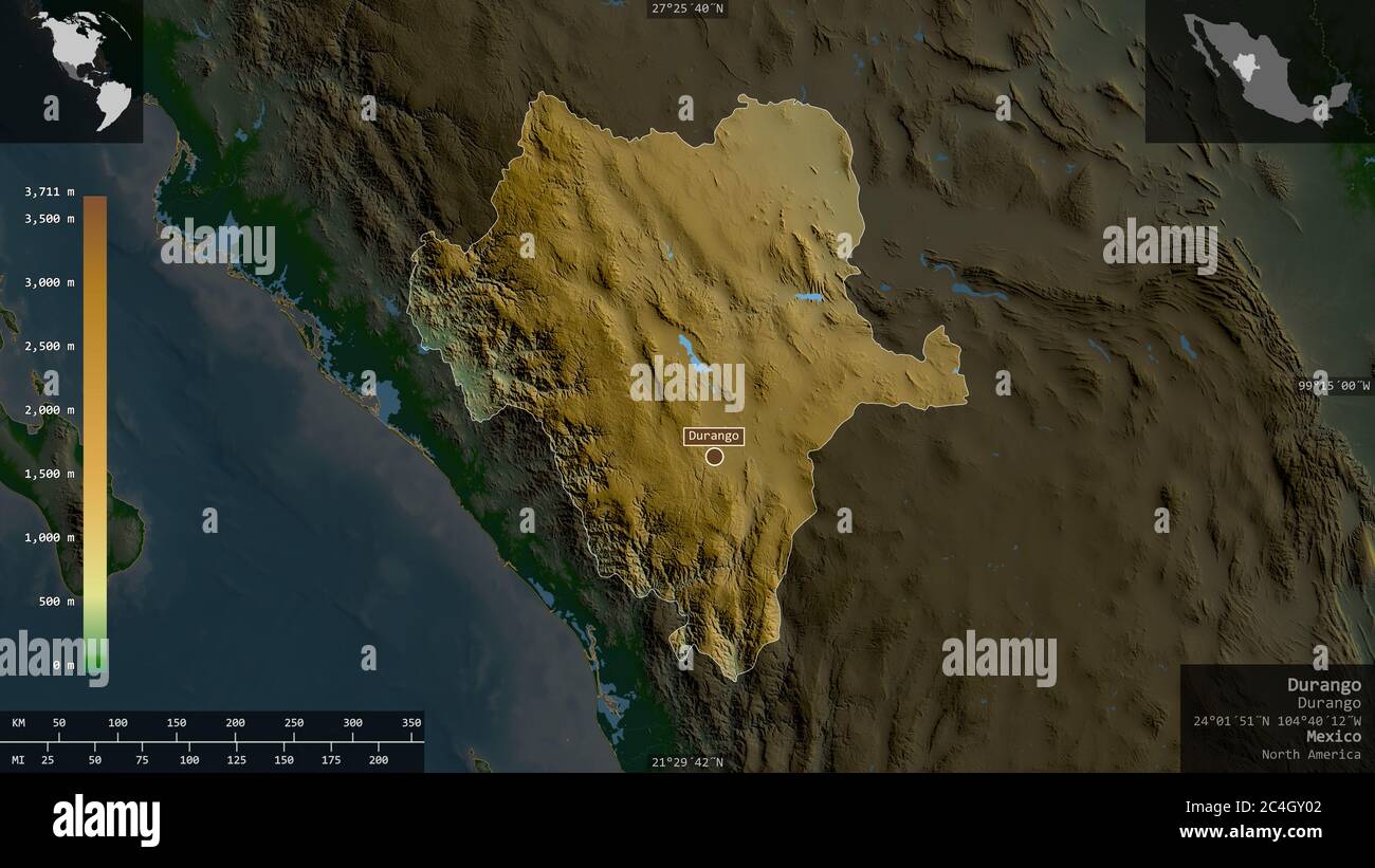 Durango, state of Mexico. Colored shader data with lakes and rivers ...