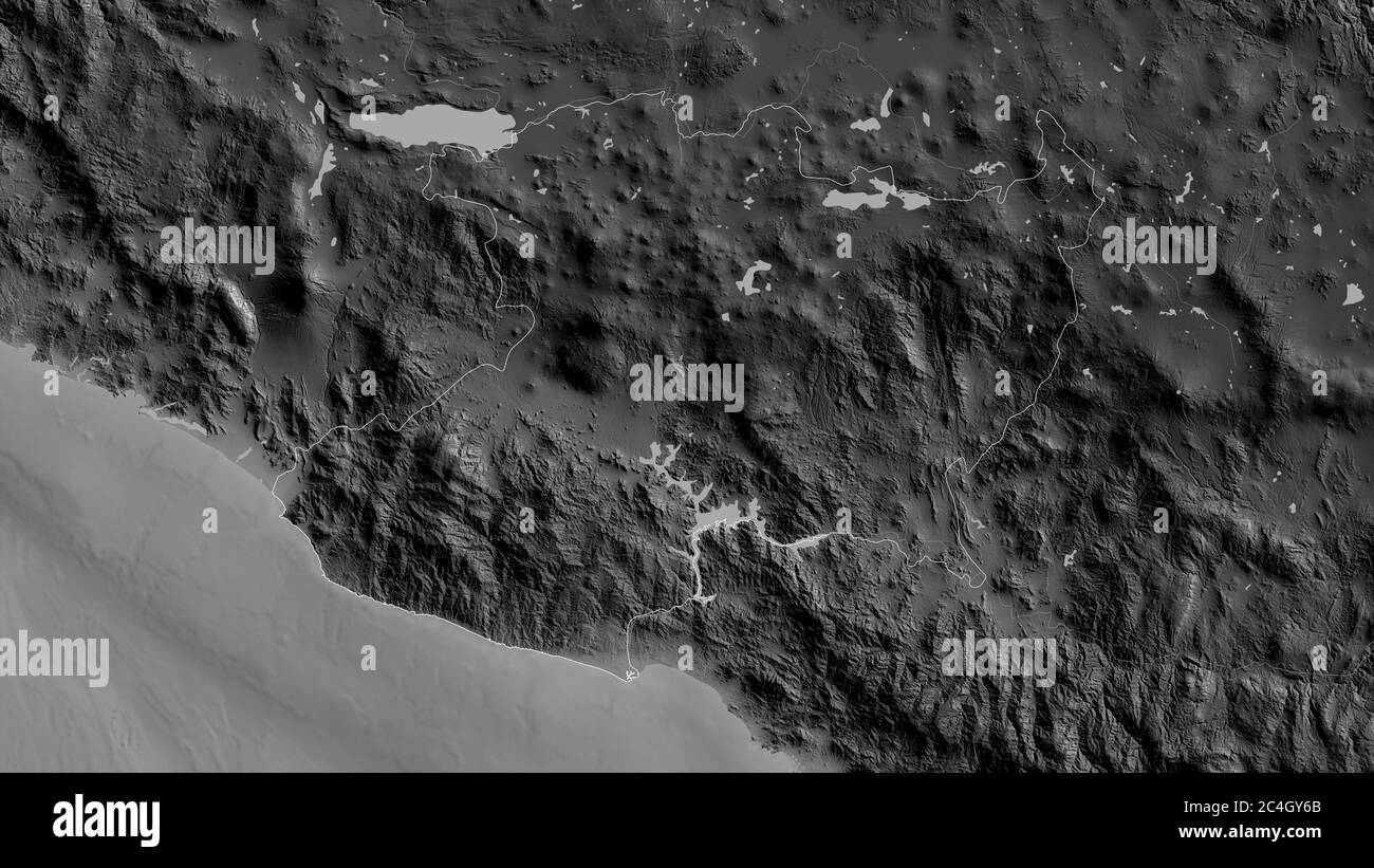 Michoacán, state of Mexico. Grayscaled map with lakes and rivers. Shape outlined against its country area. 3D rendering Stock Photo