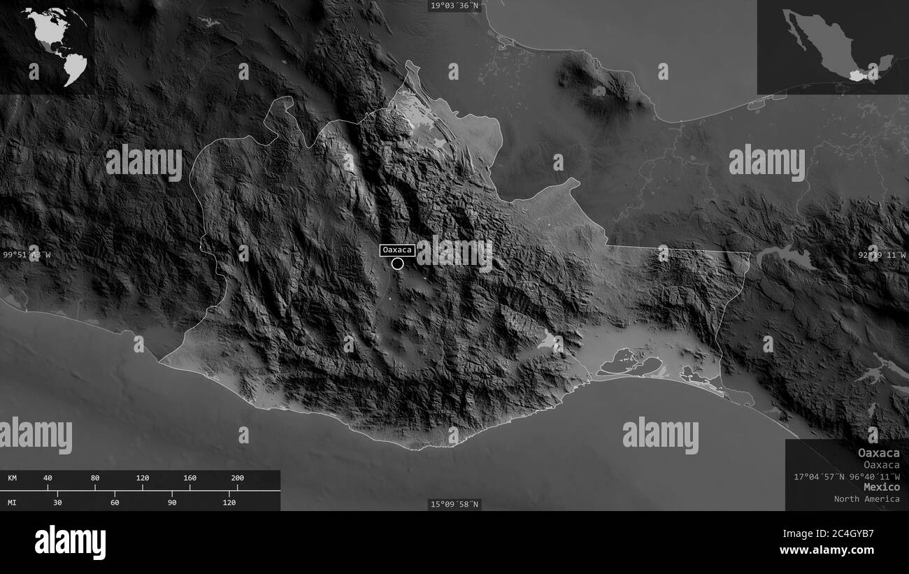 Oaxaca, state of Mexico. Grayscaled map with lakes and rivers. Shape presented against its country area with informative overlays. 3D rendering Stock Photo