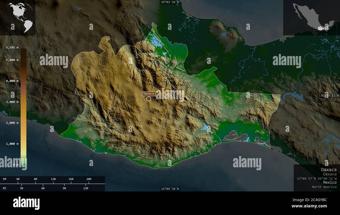 Oaxaca, state of Mexico. Colored shader data with lakes and rivers. Shape presented against its country area with informative overlays. 3D rendering Stock Photo