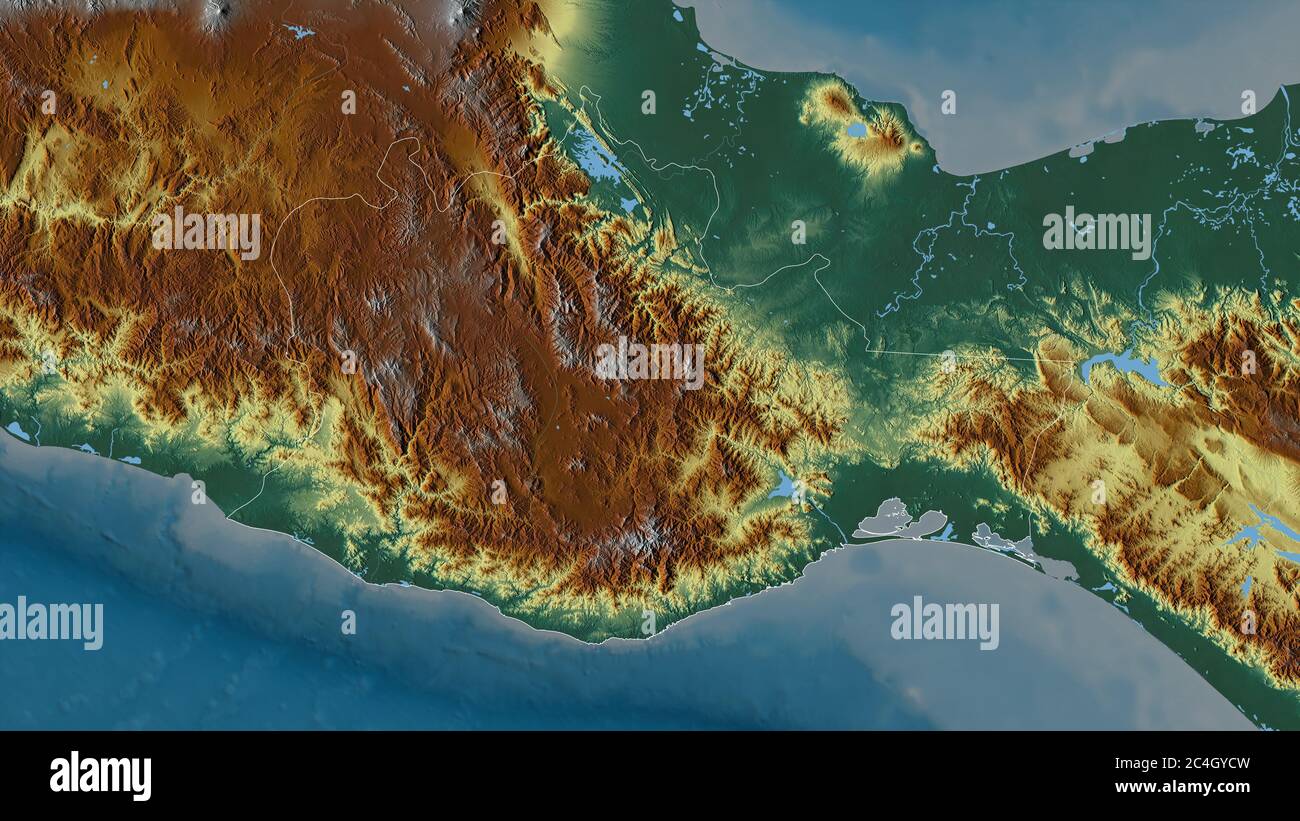 Oaxaca, state of Mexico. Colored relief with lakes and rivers. Shape outlined against its country area. 3D rendering Stock Photo