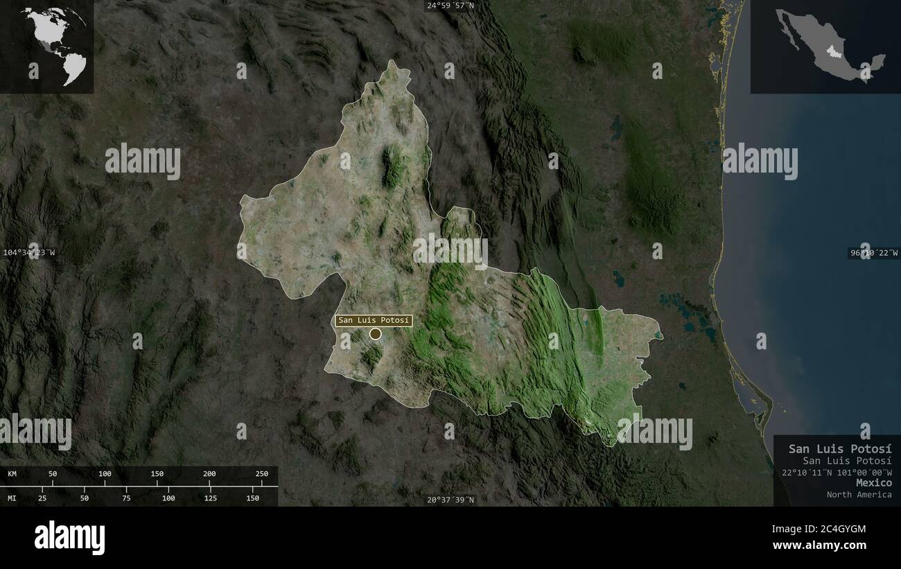 San Luis Potosí, state of Mexico. Satellite imagery. Shape presented against its country area with informative overlays. 3D rendering Stock Photo
