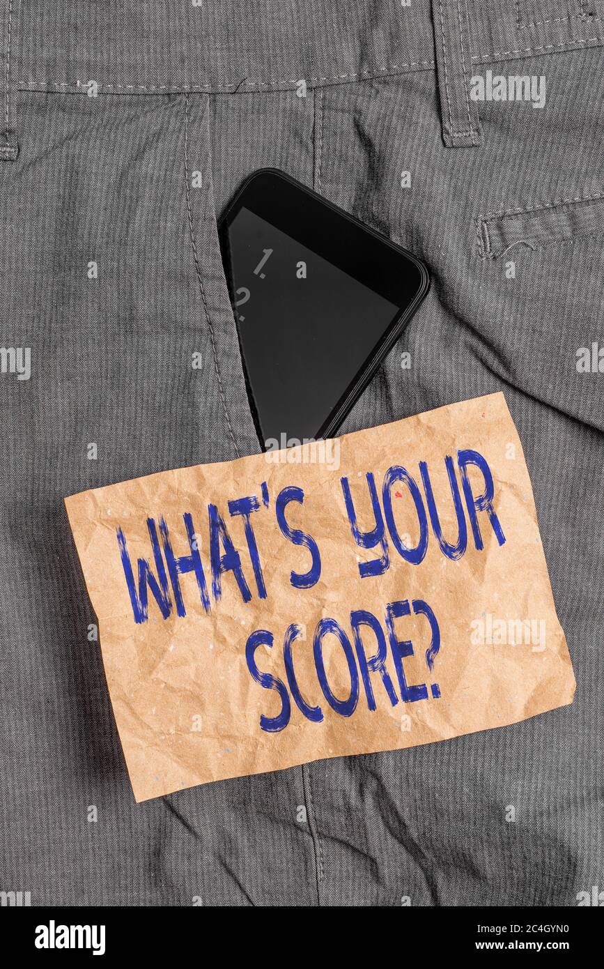 Writing note showing What S Your Score Question. Business concept for ...