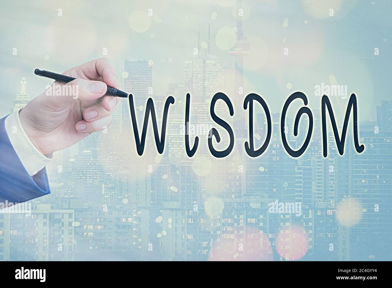 Conceptual hand writing showing Wisdom. Concept meaning body of knowledge and principles that develops within specific period Touch screen digital mar Stock Photo