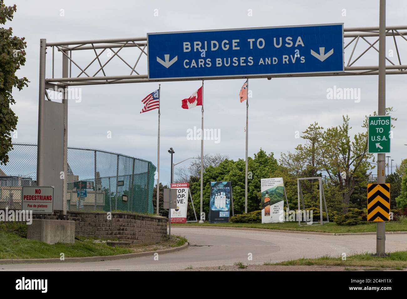 An empty Bridge to USA, entrance to the US-Canada border seen during the travel restrictions due to COVID-19. Stock Photo