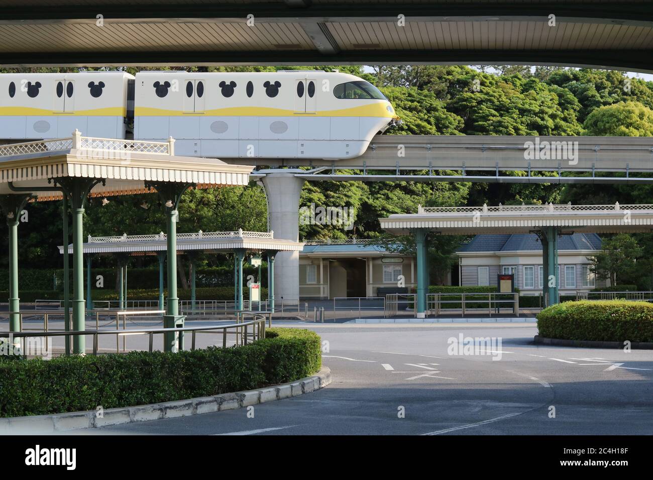 Monorail train running in Tokyo Disneyland. There are no people around because the park is temporarily closed during coronavirus outbreak. (May 2020) Stock Photo
