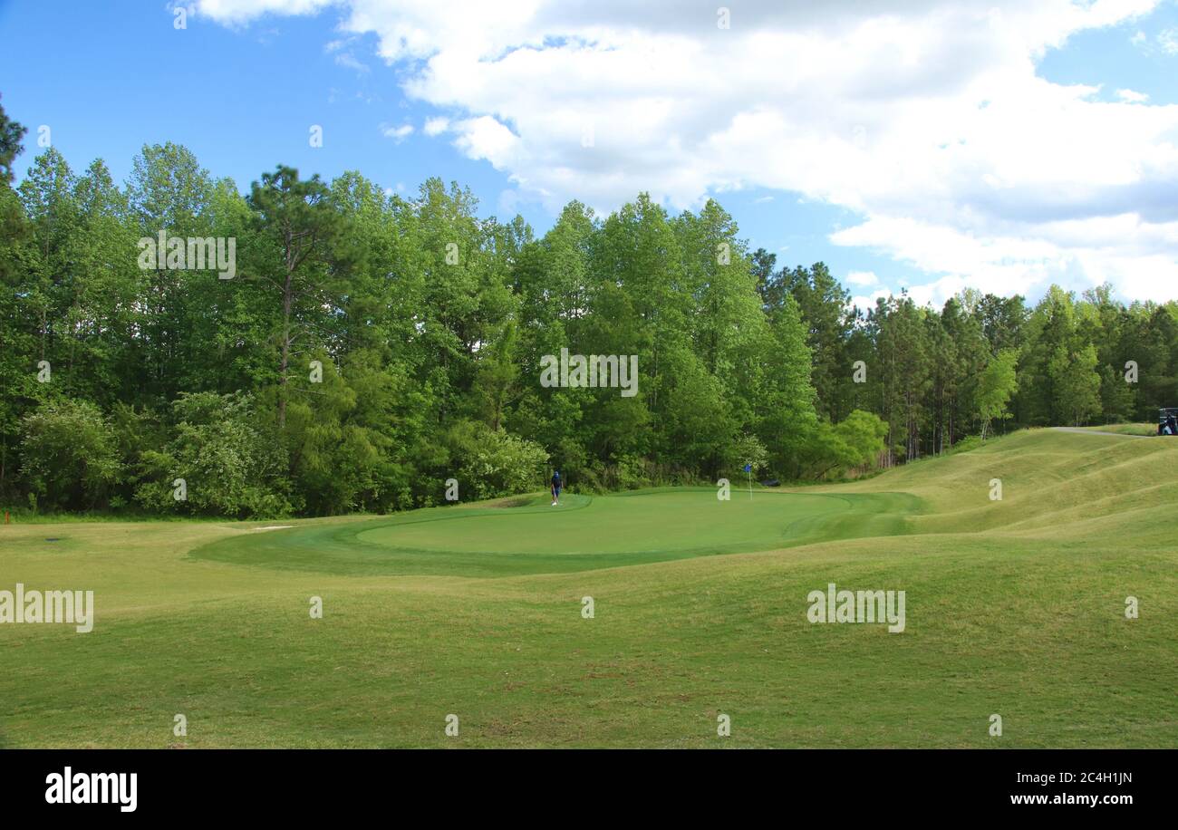Golf course landscape surrounded by trees,  and a blue sky with clouds Stock Photo