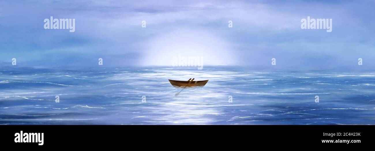 Lonely wooden boat on the waves of the sea. Horizontal panorama banner. Digital artwork. Stock Photo
