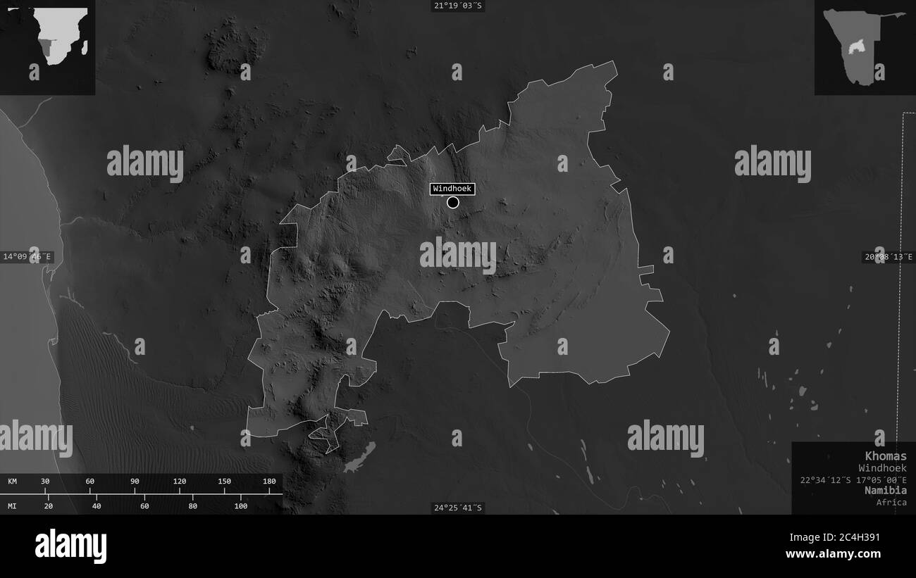 Khomas, region of Namibia. Grayscaled map with lakes and rivers. Shape presented against its country area with informative overlays. 3D rendering Stock Photo