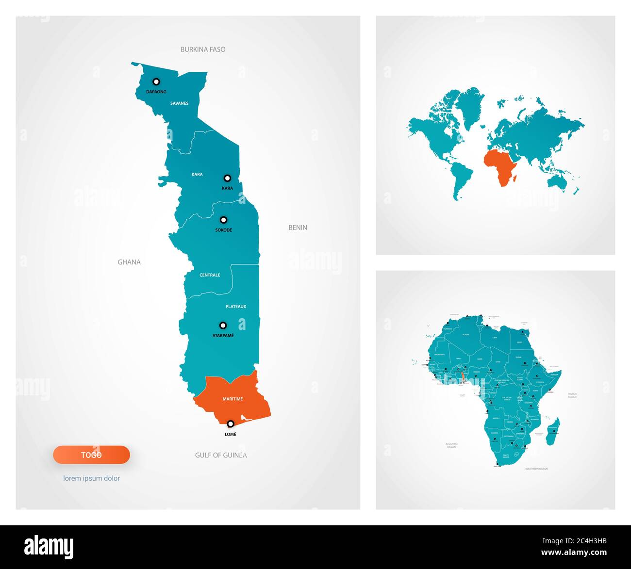 Editable template of map of Togo with marks. Togo on world map and on ...