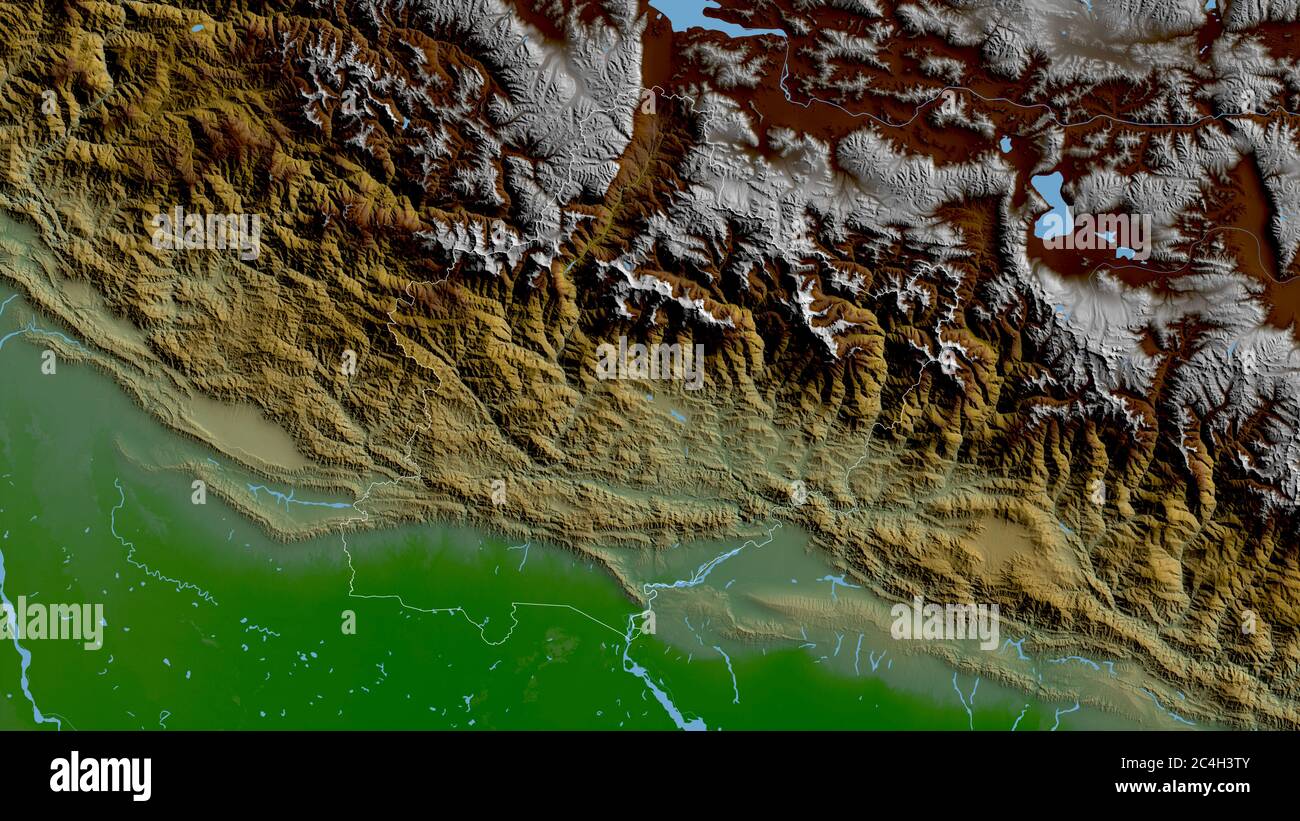 West, development region of Nepal. Colored shader data with lakes and ...