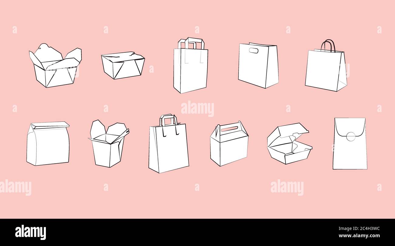 Vector Isolated Set of Different Paper Bags or Take Away Boxes Stock