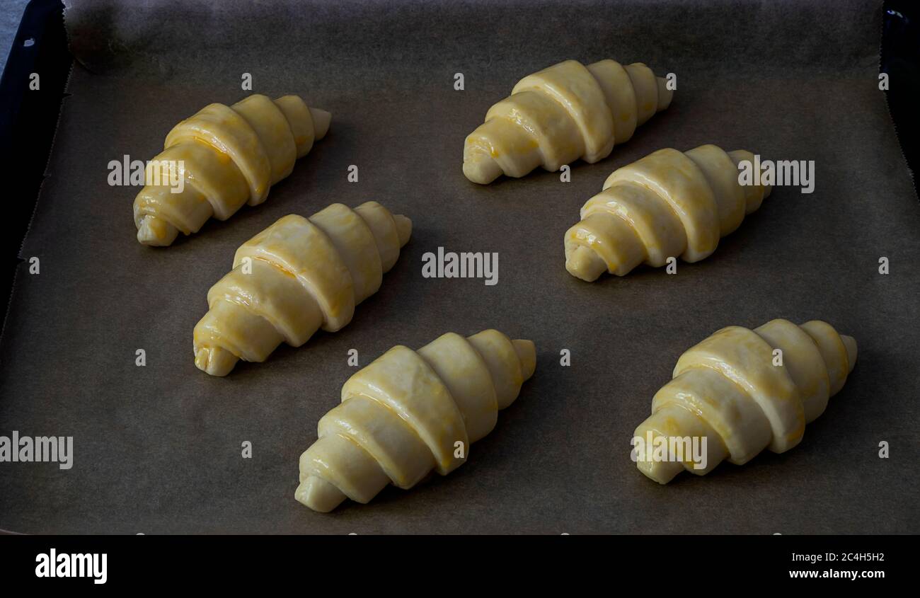 A parchment with fresh raw butter croissants.  Stock Photo