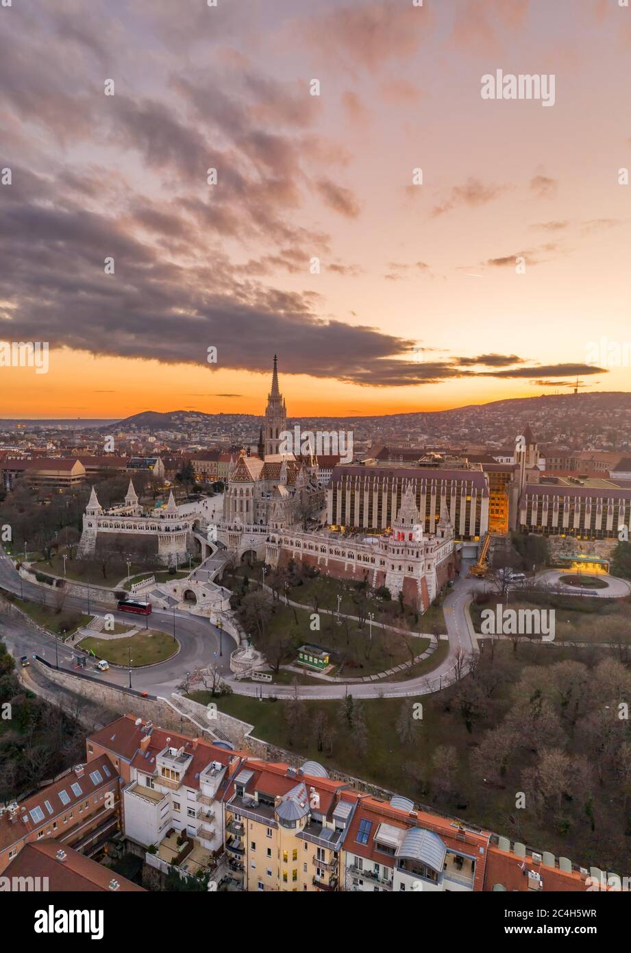 Aerial drone shot of Fisherman's Bastion on Buda Hill in Budapest ...