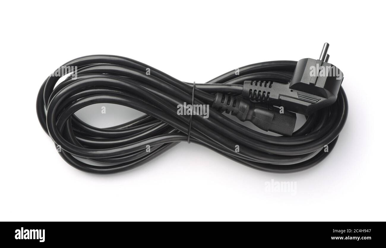 Top view of rolled black power cable  isolated on white Stock Photo