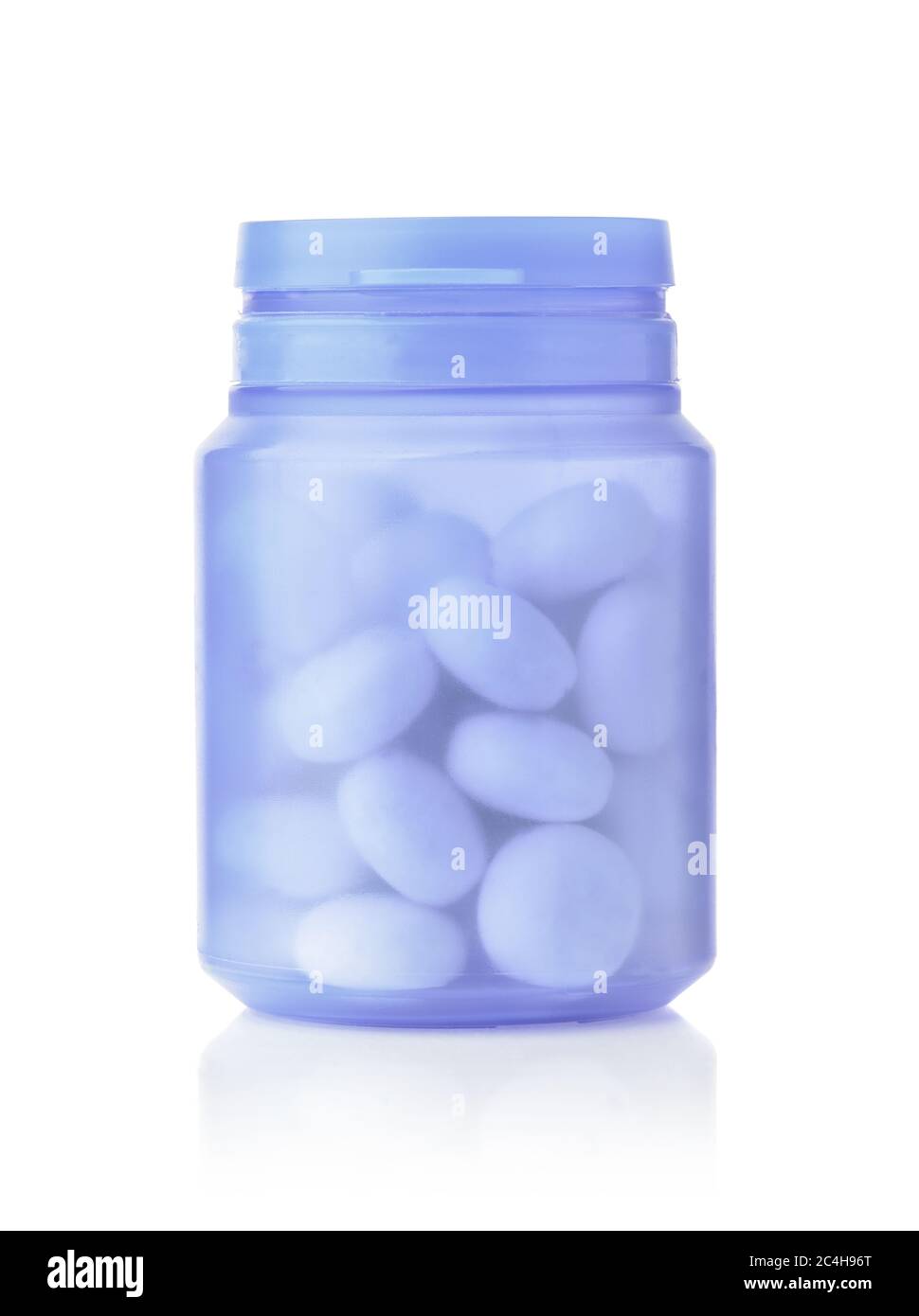 Blue plastic jar of chewing gum isolated on white Stock Photo