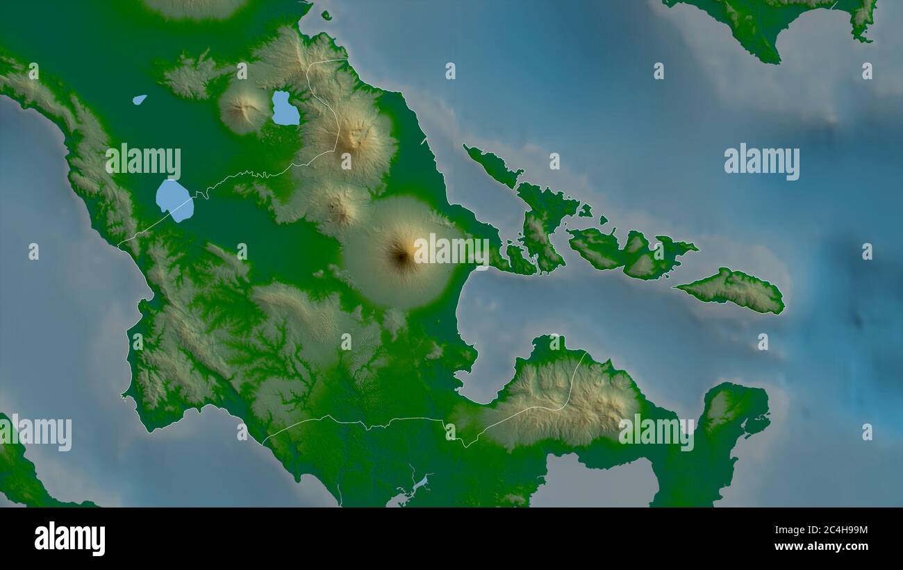 Albay, province of Philippines. Colored shader data with lakes and rivers. Shape outlined against its country area. 3D rendering Stock Photo
