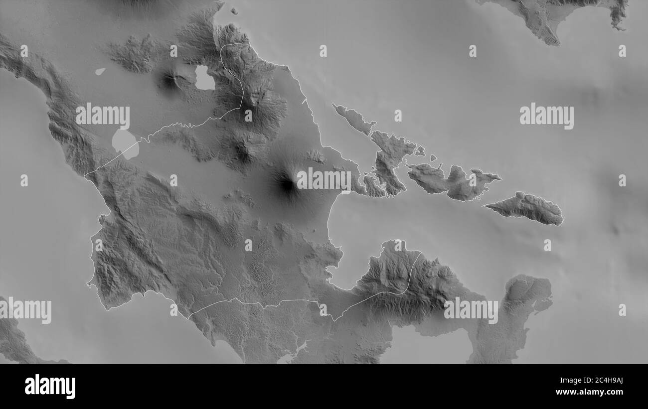 Albay, province of Philippines. Grayscaled map with lakes and rivers. Shape outlined against its country area. 3D rendering Stock Photo