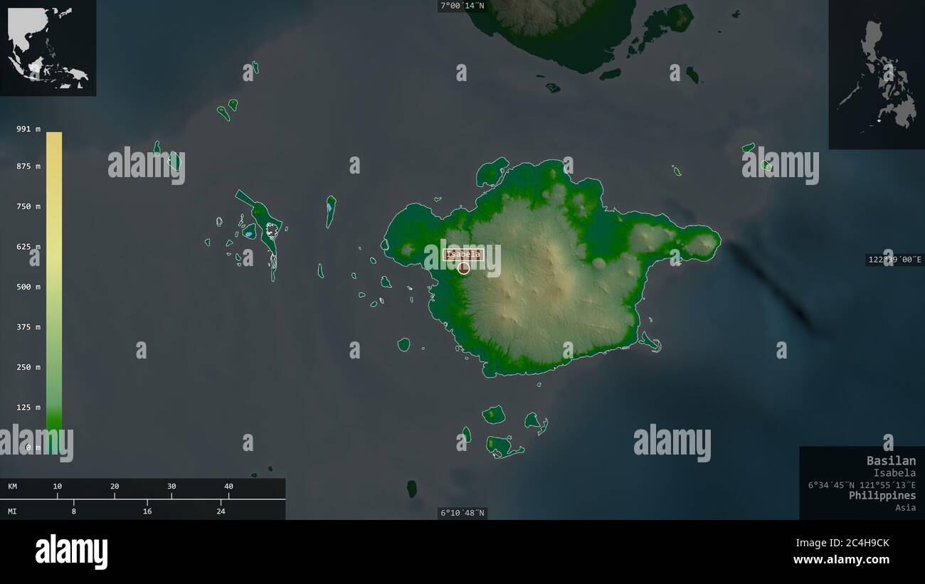 Basilan, province of Philippines. Colored shader data with lakes and rivers. Shape presented against its country area with informative overlays. 3D re Stock Photo