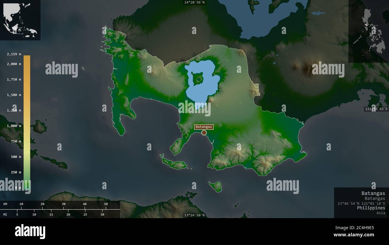 Batangas, province of Philippines. Colored shader data with lakes and ...