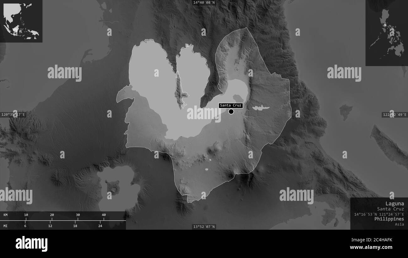 Laguna, province of Philippines. Grayscaled map with lakes and rivers. Shape presented against