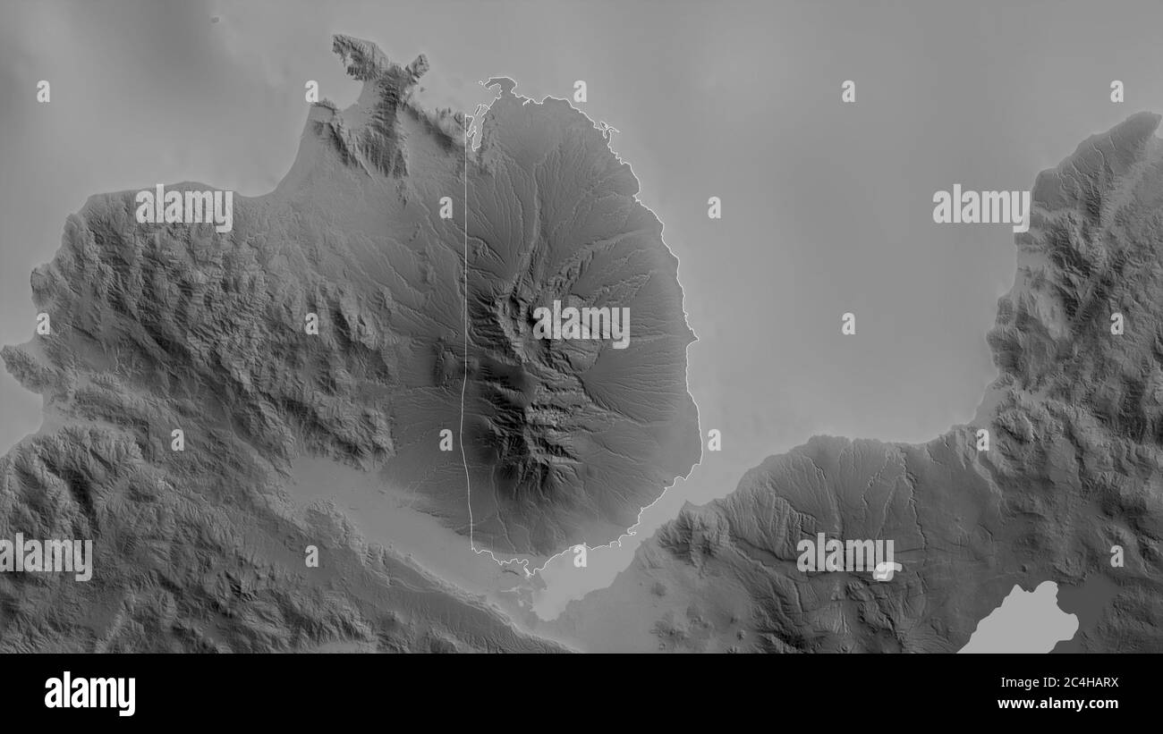 Misamis Occidental, province of Philippines. Grayscaled map with lakes and rivers. Shape outlined against its country area. 3D rendering Stock Photo