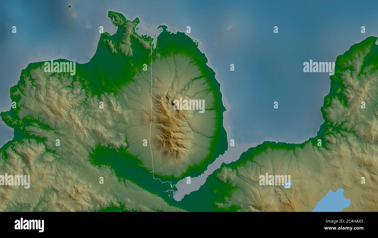 Misamis Occidental, province of Philippines. Colored shader data with lakes and rivers. Shape outlined against its country area. 3D rendering Stock Photo