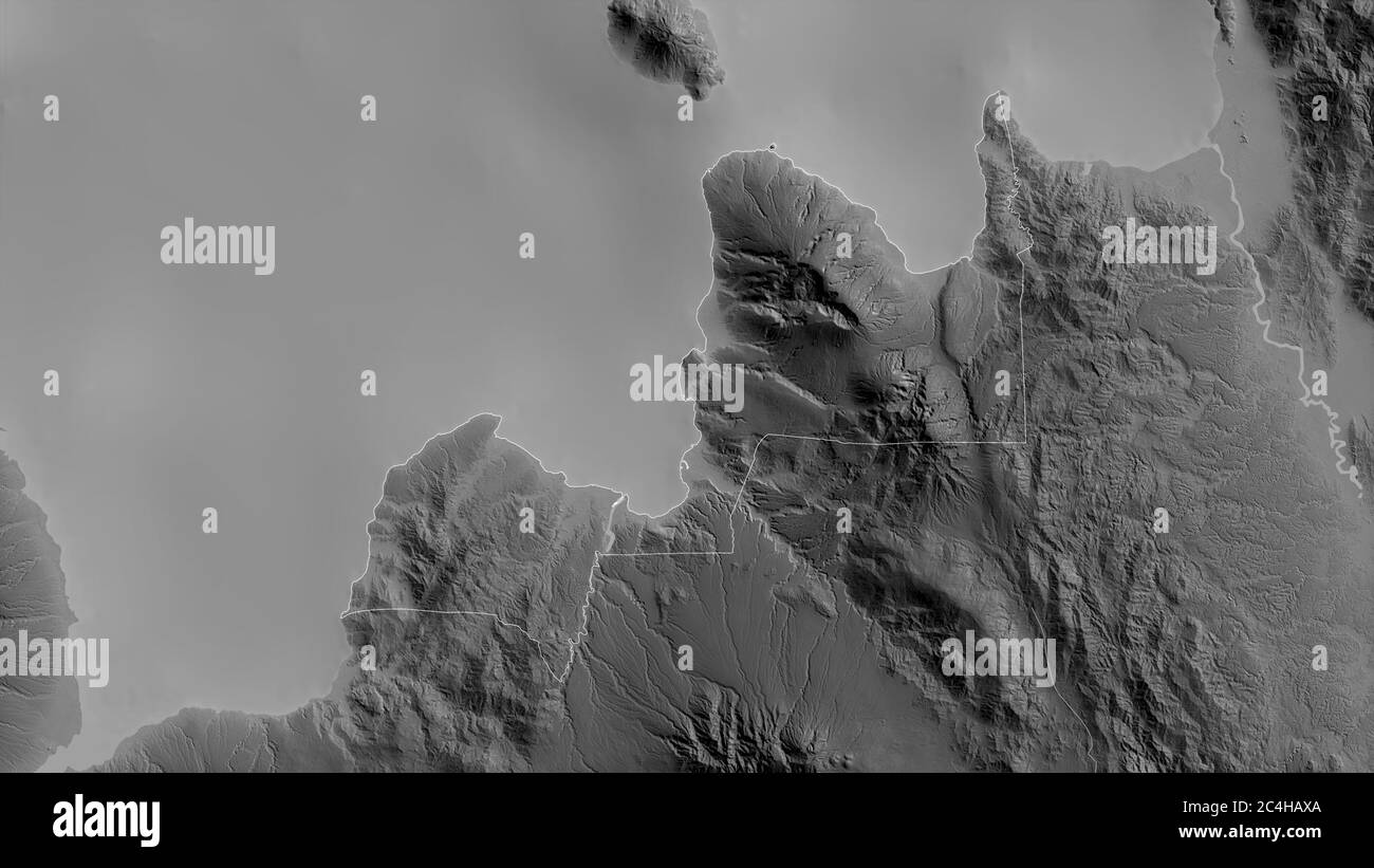 Misamis Oriental, province of Philippines. Grayscaled map with lakes and rivers. Shape outlined against its country area. 3D rendering Stock Photo
