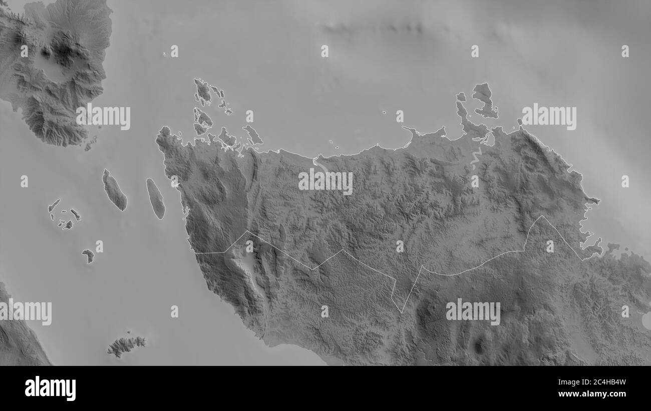 Northern Samar, province of Philippines. Grayscaled map with lakes and rivers. Shape outlined against its country area. 3D rendering Stock Photo