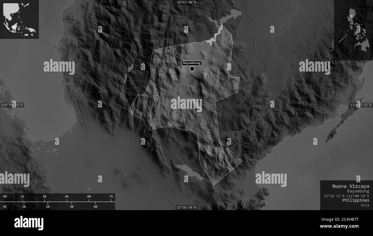Nueva Vizcaya, province of Philippines. Grayscaled map with lakes and ...