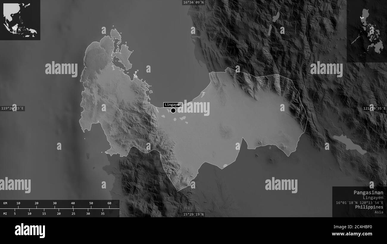 Pangasinan Map Via Satellite Pangasinan, Province Of Philippines. Grayscaled Map With Lakes And Rivers.  Shape Presented Against Its Country Area With Informative Overlays. 3D Rend  Stock Photo - Alamy
