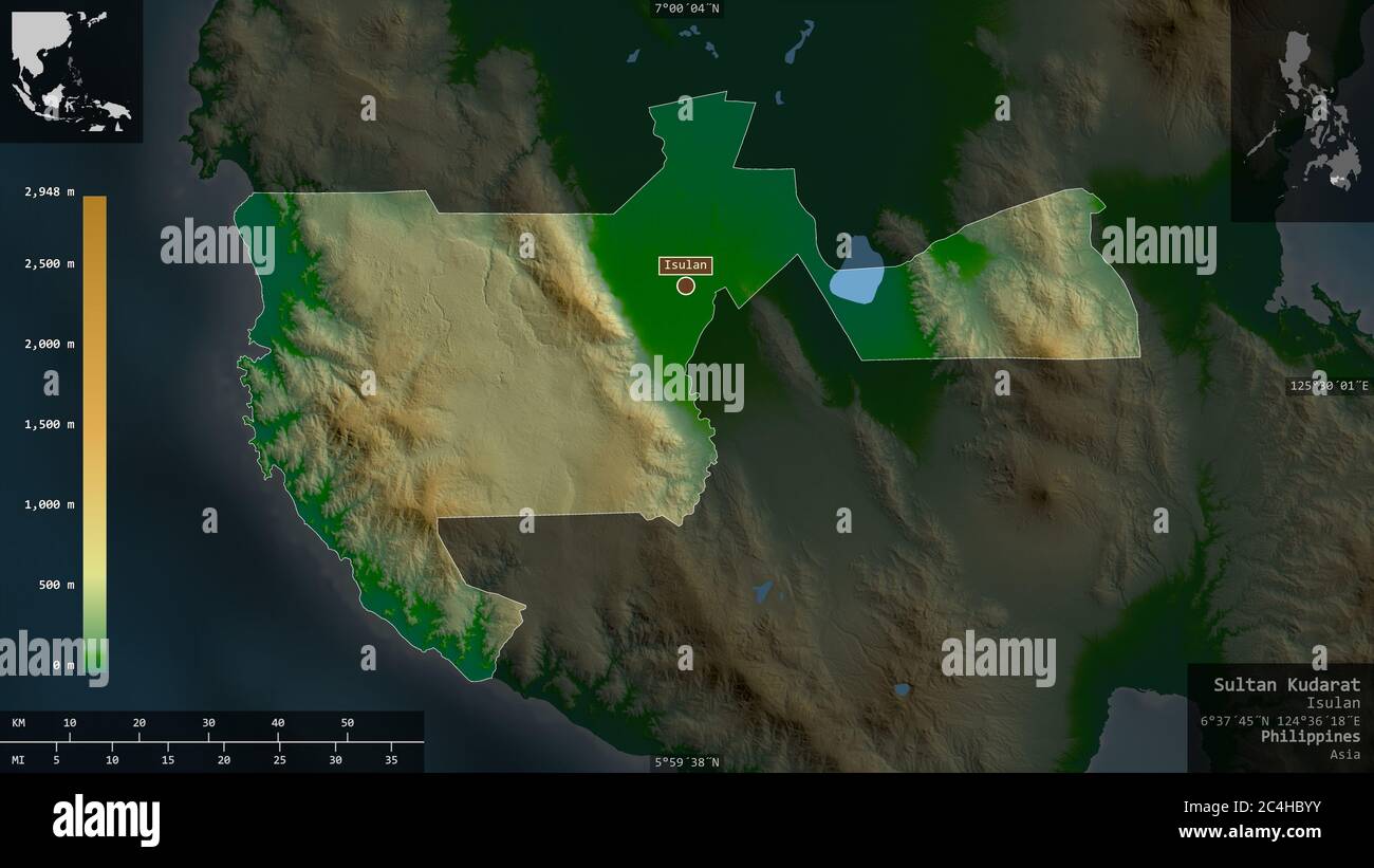Sultan Kudarat, province of Philippines. Colored shader data with lakes and rivers. Shape presented against its country area with informative overlays Stock Photo